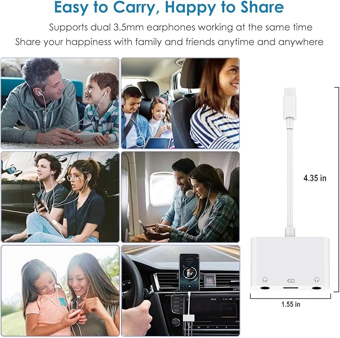 USB-C to Dual 3.5mm Headphone Jack Adapter USB C to 3.5mm Audio Adapter 3 in 1 Aux to USB C Headphone Splitter and Fast Charge Adapter for iPhone 16 15/iPad Pro/Galaxy 24 23 22/Pixel 9 8 7 and more