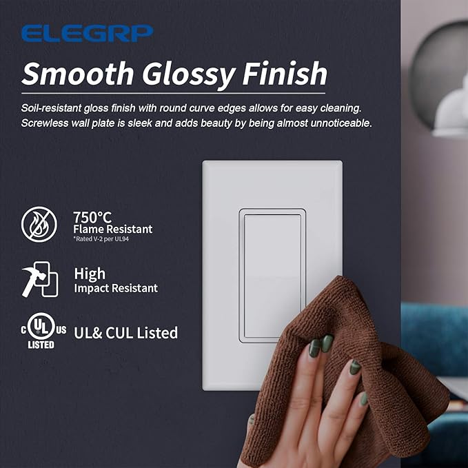 ELEGRP 1-Gang Screwless Decorator Wall Plates, Standard Size Unbreakable Thermoplastic Faceplate Cover for Decorator Receptacle Outlet Switch, UL Listed (20 Pack, Glossy White)