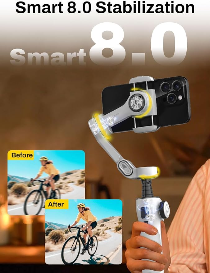 Gimbal Stabilizer for iPhone & Android, 3-Axis Phone Gimbal with OLED Screen, 7.8" Extendable Rod, Face & Gesture Tracking, Ideal for Vlogging, Travel & Video Recording-Smart V8 White
