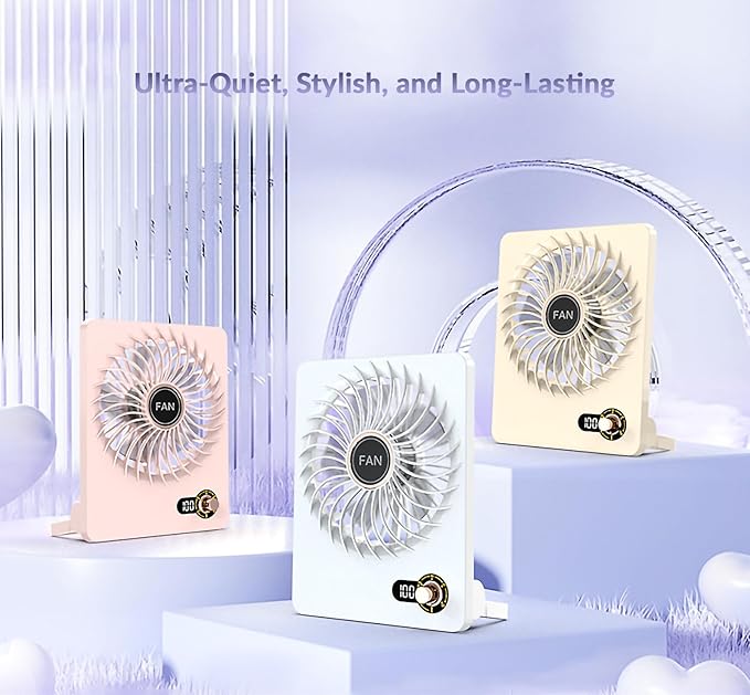 Mini Portable Fan, Silent Rechargeable Desk & Handheld with Adjustable Speeds & Angles, Long-Lasting Battery, Light Personal Wireless Cooling for Office, Bedroom, Classroom, Travel