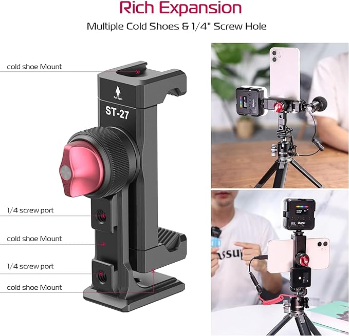 Metal Phone Tripod Mount 3 Cold Shoes & Arca Port, 360° Smartphone Tripod Adapter for iPhone Samsung Cell Phone Stand Holder for Desktop Video Live Streaming Vlogging Rig