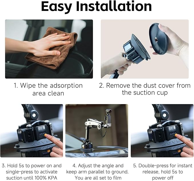 MOVMAX Blade Arm Solar Powered Electronic Suction Kit, Shock Absorber Arm Car Mount for DJI Pocket 3, GoPro Hero 13, 360 Action Cameras with Auto Pressure Detection & LCD Display, Pocket 3 Accessories