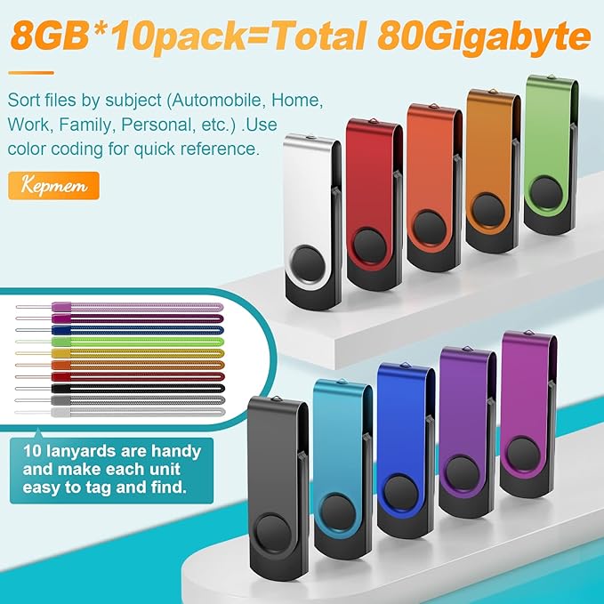 Kepmem USB Flash Drive 64GB 10 Pack USB 3.0 Thumb Drives Value 64 GB Memory Sticks Mixed Colors Pendrive Portable 64 Giga Jump Drive Bulk Swivel 10 Pieces Zip Drives for Data Storage and Backup