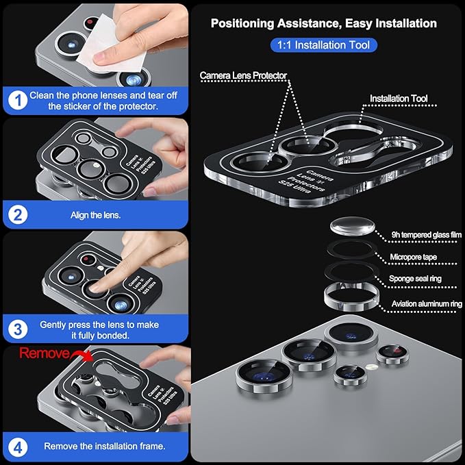 WSKEN for Samsung Galaxy S25 Ultra Camera Lens Protector - Ultra Thin Case Friendly, 9H Shatterproof Tempered Glass with Aluminum Metal Circle Camera Screen Protector Cover Accessories, Silver