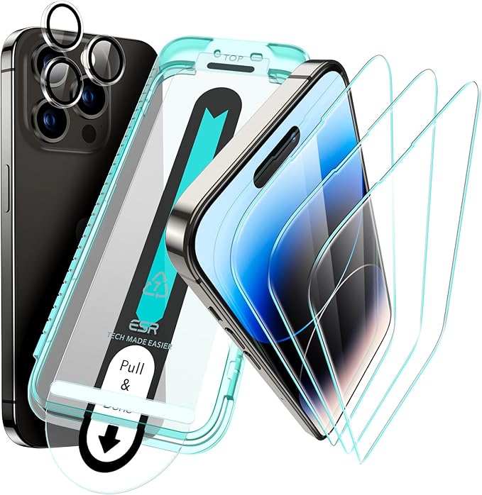 ESR for iPhone 14 Pro Screen Protector Set, 3 Tempered-Glass Screen Protectors and 1 Set of Camera Lens Protectors, Smooth Rounded Edges, Full-Coverage Military-Grade Protection, Scratch Resistant