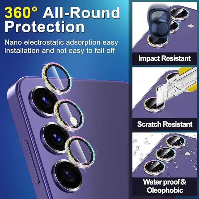 for Samsung Galaxy S24 Plus Camera Lens Protector, Individual Metal Ring Tempered Glass Lens Cover, [Strong Adsorption] Scratch Resistant Ultra-Thin HD Clear Lens Cover, 1 Set-Colorful Sparkly