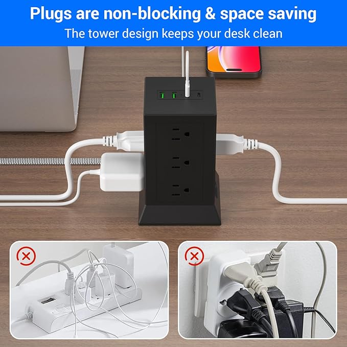 Power Strip Tower with Multiple Outlets 16.5 Ft Extension Cord Flat Plug with 12 AC Outlets 4 USB Ports (2 USB C), Power Tower Surge Protector with Individual Switches for Home Office Dorm Room, Black