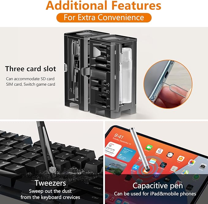 Cell Phone Cleaning Kit, iPhone Cleaning Kit for Charging Port Cleaner Keyboard Cleaning Kit for Airpods/Android/USB C/Earbuds/Laptop/iPad/Camera Lens with Stylus Pen, SIM Tool, Screen Brush(Black)