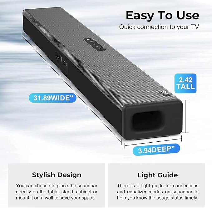 OXS S3 Sound Bars for TV, Home Theater Audio with Dynamic Bass, 3D Surround Sound System TV Sound Bar, TV Speakers, Bluetooth 5.0/Aux/Optical/Coaxial, 80-Watt, 3Eqs, Wall Mountable, Black