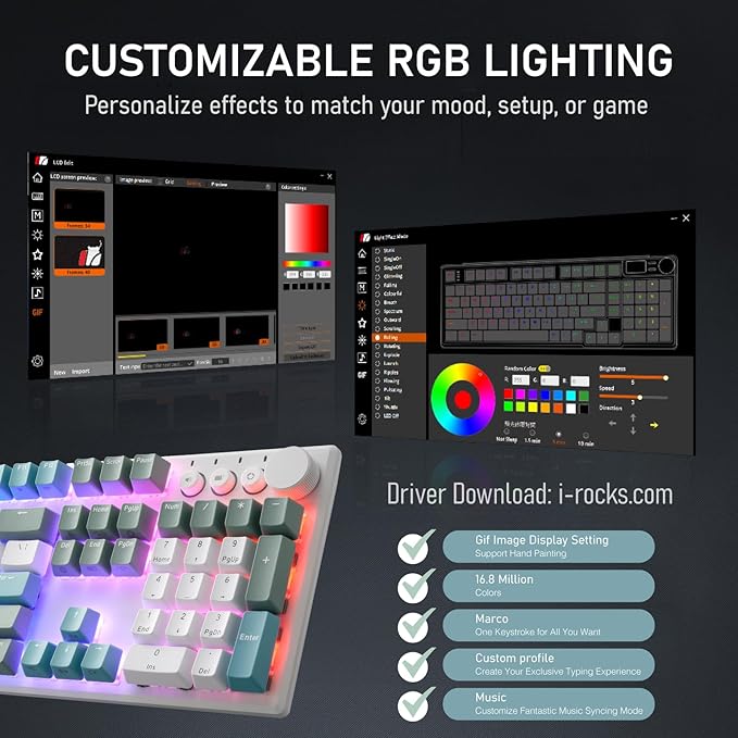 iRocks K74R Wireless RGB Illuminated Mechanical Gaming Keyboard, Hot-Swappable Switches, Easy-Clean Floating Design, PBT 107 Keys NKRO, Detachable USB-C Cable - Island Blue (Red Switches)