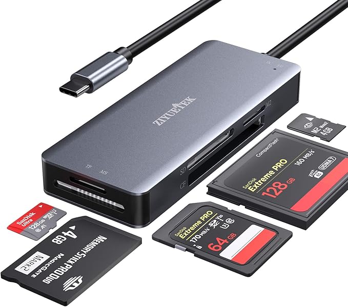 USB C SD Card Reader,5- in-1 Aluminum Thunderbolt 3 Memory Card Reader for CF, SD/SDHC,TF/Micro SD/MS/M2,CompactFlash Card for iPhone 15/16/Pro Max Android Windows MacBook