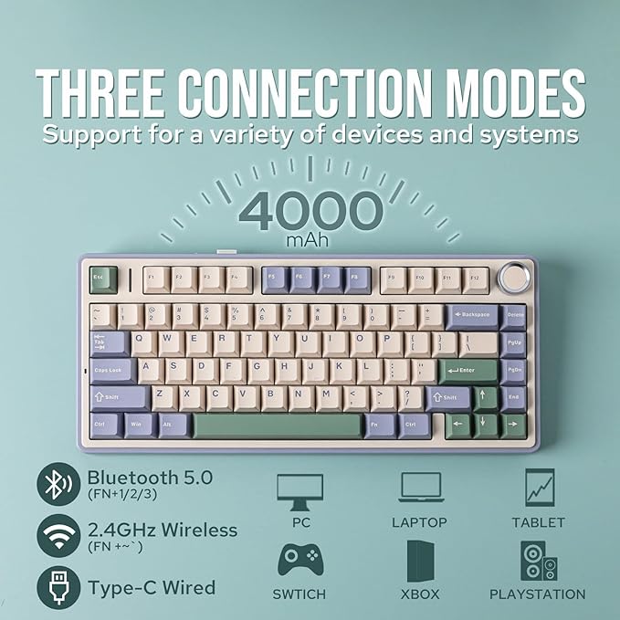 EPOMAKER x Aula F75 Gasket Mechanical Keyboard, 75% Wireless Hot Swappable Gaming Keyboard with Five-Layer Padding&Knob, Bluetooth/2.4GHz/USB-C, RGB (Green, LEOBOG Reaper Switch)