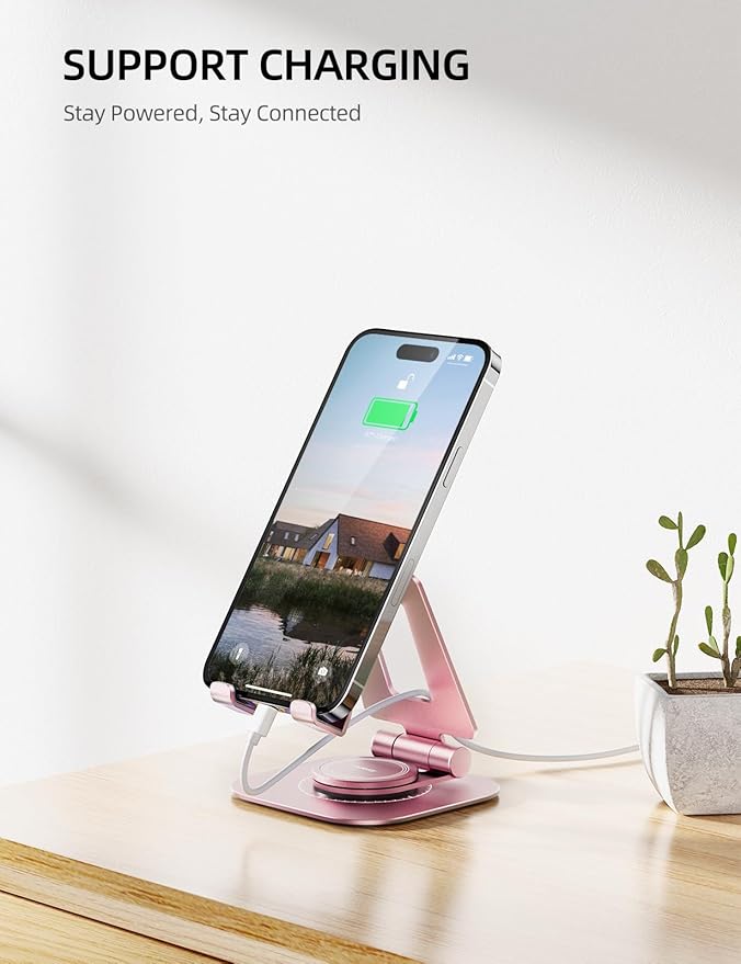 Nulaxy Rotatable Cell Phone Stand, Fully Adjustable Foldable Desktop Phone Holder Cradle Dock, Thick Case Friendly, Compatible with All Phones, Nintendo Switch, Rose Gold