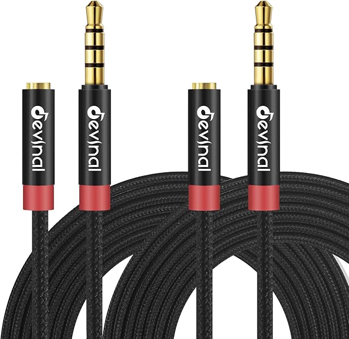 Devinal 3.5mm TRRS Headphone Extension Cable, 1/8" inch Female 4-Pole to Male Extension Cord, Mini-Jack Aux Stereo Audio Connector 6.6Ft/2M (2 Pack)