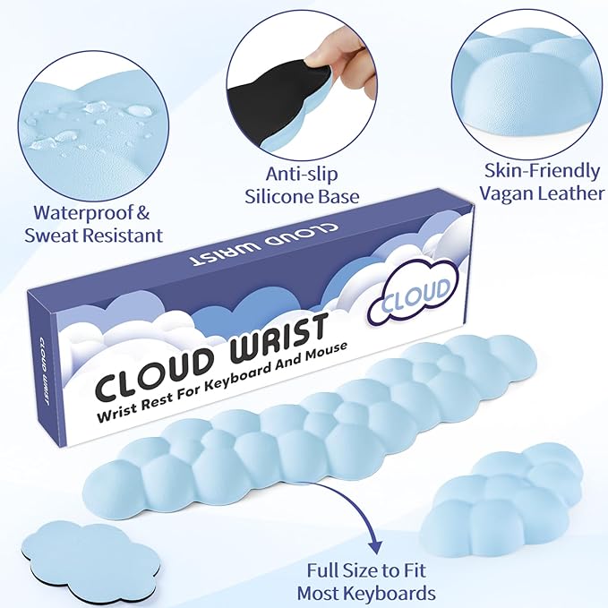 Cloud Wrist Rest for Keyboard and Mouse, Memory Foam PU Leather Keyboard Wrist Rest with Ergonomic Support, Non-Slip Base, Cute Arm Rest Pad & Palm Cushion, Office Desk Accessory, Blue
