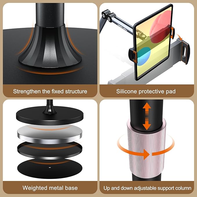 Tablet Floor Stand, 360° Rotation Tablet Holder, Compatible with iPad, iPhone, Samsung, Google, Kindle Tablet/Phone, (4.5''-12'')