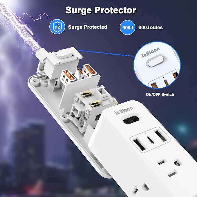 Extension Cord with Multiple outlets, 10 Ft Braided Power Cord, 6 Widely Outlets with 3 USB Ports (1 USB C), Ultra Thin Flat Plug, 3 Sided 1050J Power Strip Surge Protector for Home Travel Office