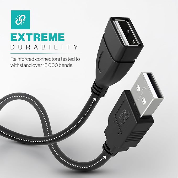 Long USB Extension Cable 10FT - Male to Female Data Transfer Adapter and Charging for Laptop, PlayStation, Xbox, Flash Drive - Black