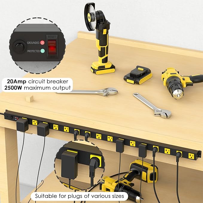 JUNNUJ Long Metal 16 Outlet Power Strip,Wide Spaced Garage Industrial Heavy Duty Power Strip,Surge Protection 4800J,Wall Mount Screws Outlet with Switch 5-15P High Amp 6-20R T-Slot (Yellow, 6FT)