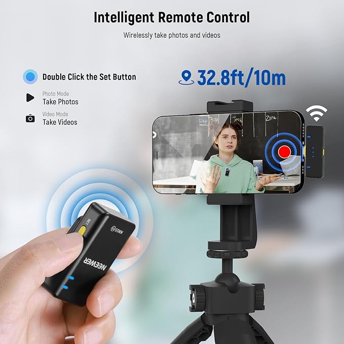 NEEWER KM15 Wireless Lavalier Microphone System Compatible with iPhone Android Phone PC Computer, Mini USB C Noise Cancelling Lapel Mic, 300m Range 48KHz/24Bit 9H Battery for Video Recording Streaming