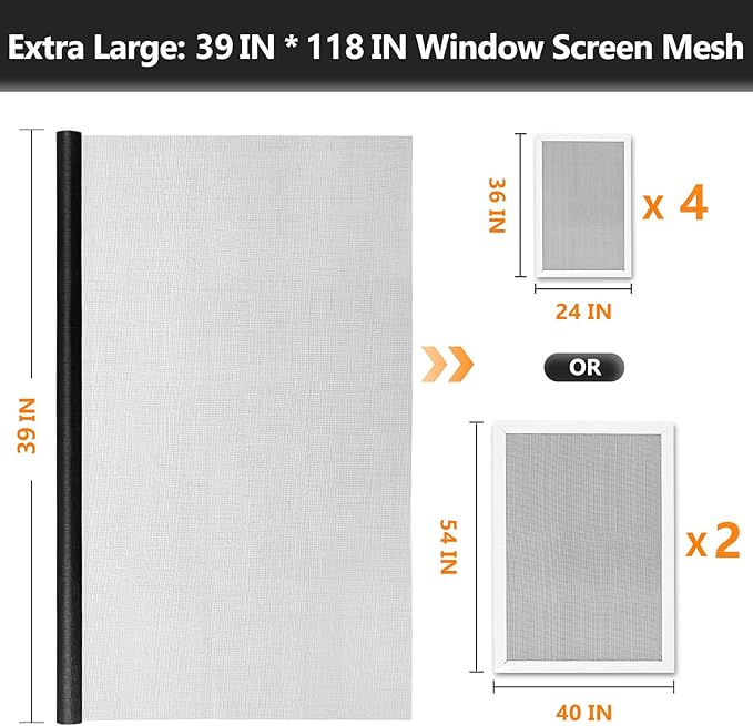Window Screens Replacement Repair Kit, Black Screen Door Mesh Replacement Kit, Durable Fiberglass Mesh Roll with Tools for Windows Doors Patio and Porch, 39in x 118in