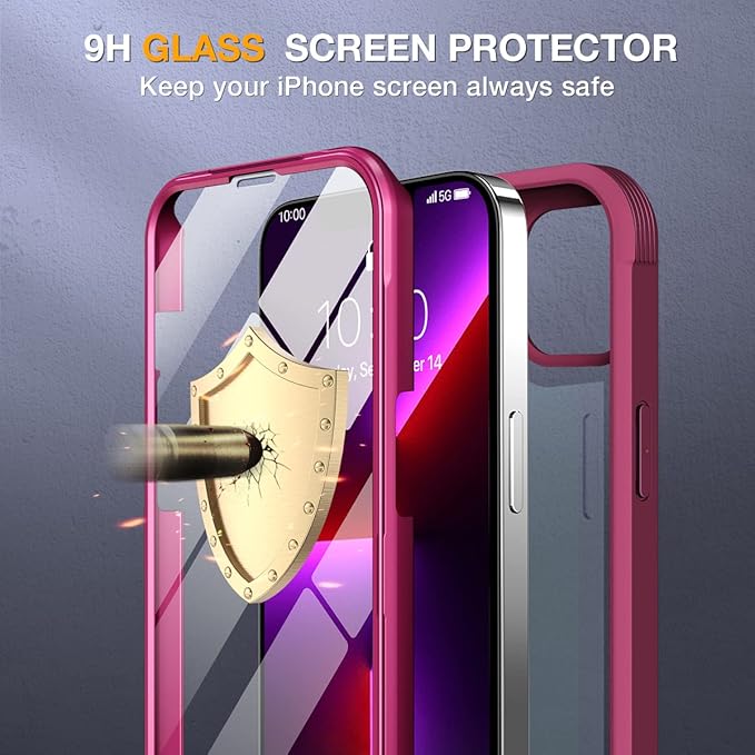 Miracase Glass Case for iPhone 13 Pro Max 6.7 inch, Upgrade Full-Body Clear Bumper Case with Built-in 9H Tempered Glass Screen Protector for iPhone 13 Pro Max, Claret Red