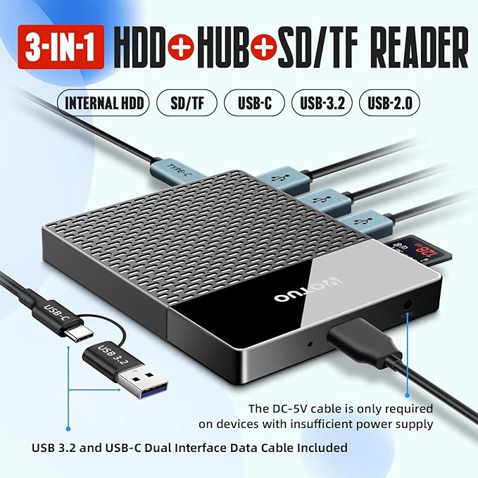 Portable 750GB Docking Station External Hard Drive, USB C Multiport Hub HDD 7-in-1, USB 3.0, SD/TF Card Reader, for Windows, Mac, Android, TV, Phone, Laptop, Desktop
