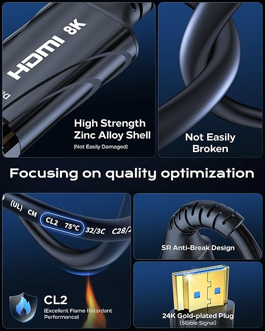 8K Fiber Optic HDMI Cable Long 50FT CL2 in Wall - 48Gbps High-Speed 8K 60Hz,4K120Hz,HDCP 2.2&2.3, HDR10 - HDMI Cord Compatible with HDTV,Monitor,Projector
