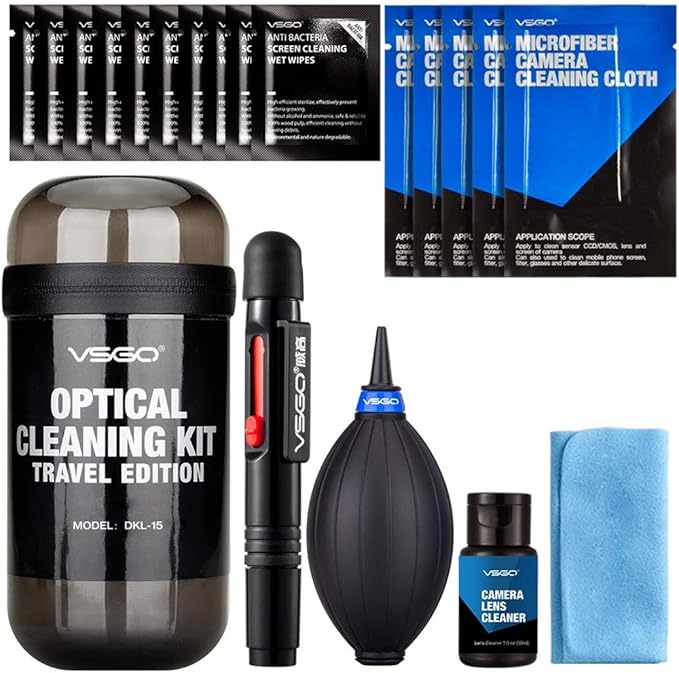 VSGO Professional Camera Lens Cleaning Kit for Canon, Nikon, Sony, Pentax DSLR Lenses - Includes Lens Pen, Air Blower, and Fluid (DKL-15D)