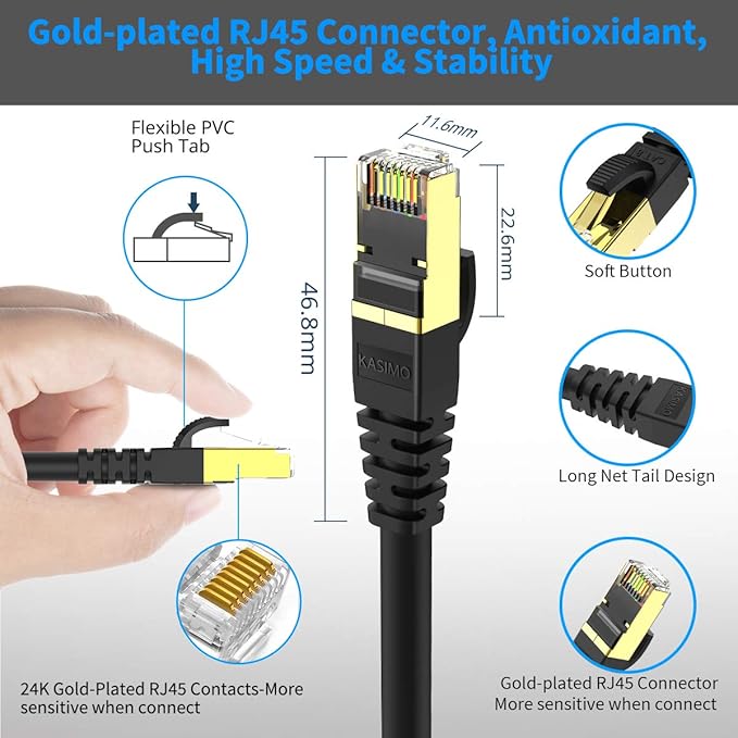 KASIMO CAT 8 Ethernet Cable 1 Feet, 10 Pack Black Shielded SFTP Internet Network Patch Cord, Heavy Duty High Speed LAN Cables w Gold Plated RJ45 Connector Professional for Router, Modem, Gaming