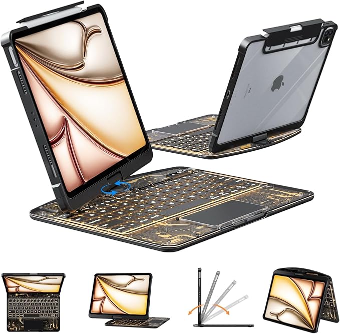 KARTICE Transparent 360 Keyboard Case with Wireless Keyboard for iPad Pro 13 2024 13 inch, Multi-Touch Trackpad, 7 Color Backlight, 360° Rotating Stand with Pencil Holder for iPad Pro 13