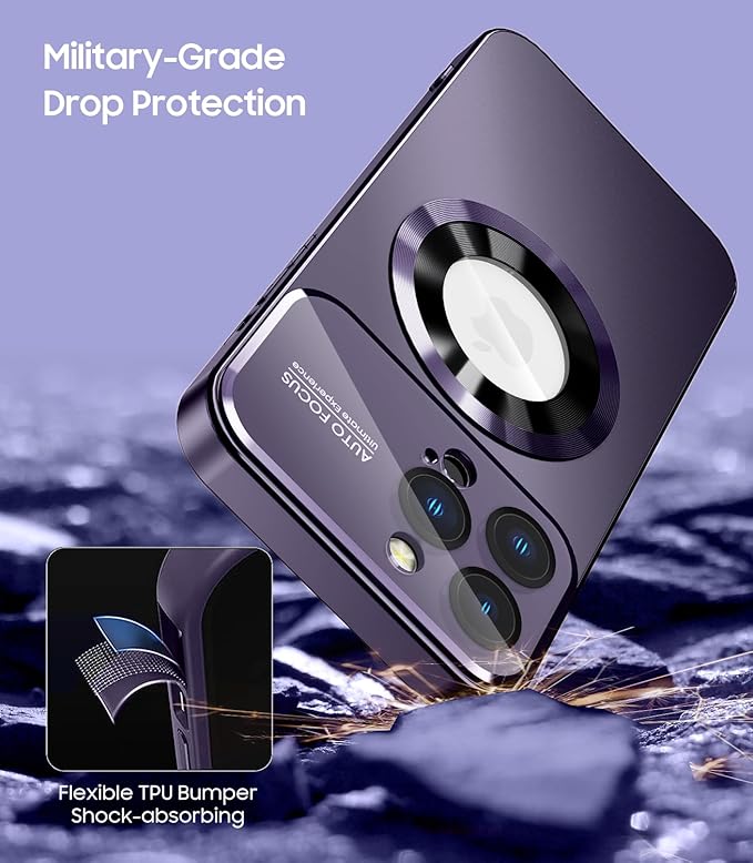 Magnetic for iPhone 12 Pro Max Case, Compatible with MagSafe, Built-in Camera Lens Protector, Logo View, Military Grade Drop Proof Phone Case Cover, Purple