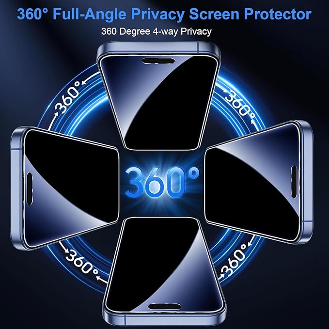 OneFish for iPhone 15 Pro Max Privacy Screen Protector, 4-Way 360° Anti-Spy Tempered Glass, 9H Hardness, HD Clear Anti-Fingerprint 3D Curved Edges, Case-Friendly & Easy Installation [2 Pack]