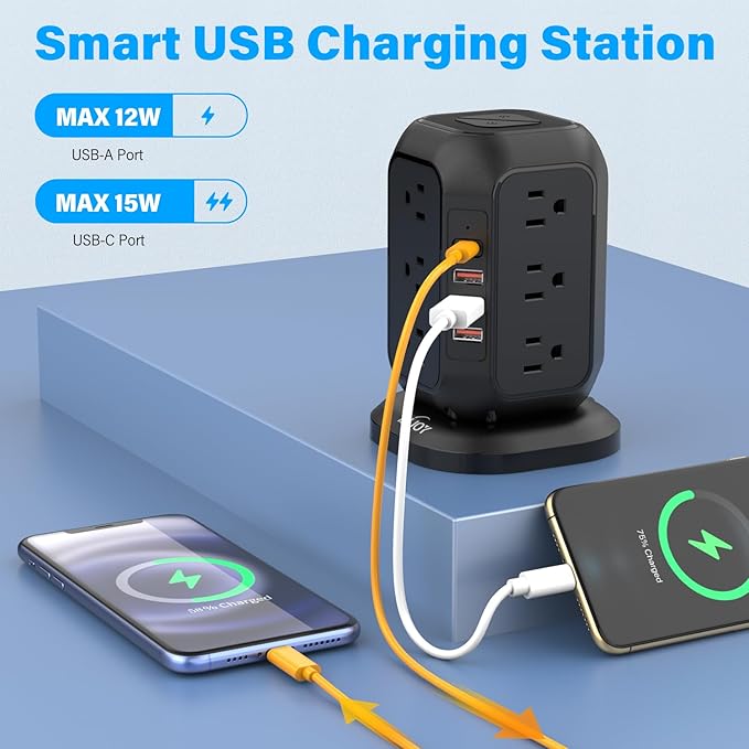 AiJoy Power Strip Tower Surge Protector with 12 AC Outlets, 3 USB-A & 1 USB-C Ports, 10 FT Extension Cord, Charging Station with Overload Protection, for Home Office Dorm Living Room