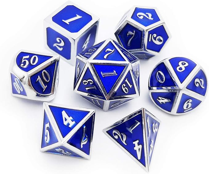 Haxtec Metal Dice Set D&D Silver Navy Blue Metal Polyhedral DND Dice for Dungeons and Dragons-Glossy Enamel Dice (Silver Navy Blue)