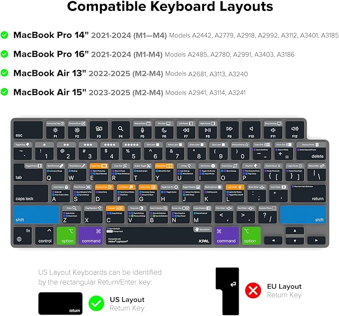 JCPal Adobe Lightroom Shortcut Guide Keyboard Cover for Apple MacBook Pro 14 inch and MacBook Pro 16 inch (M1-M4 Models) and MacBook Air 13 inch and MacBook Air 15 inch (M2-M4 Models) (US-Layout)