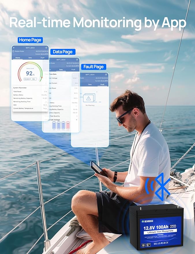 DC HOUSE 12V 100Ah LiFePO4 Lithium Battery, Bluetooth & Low Temp Cut-Off, Group 31 Lithium Battery, Up to 15000 Cycles, 100A BMS, Perfect for Trolling Motors, Marine, Boat, Solar