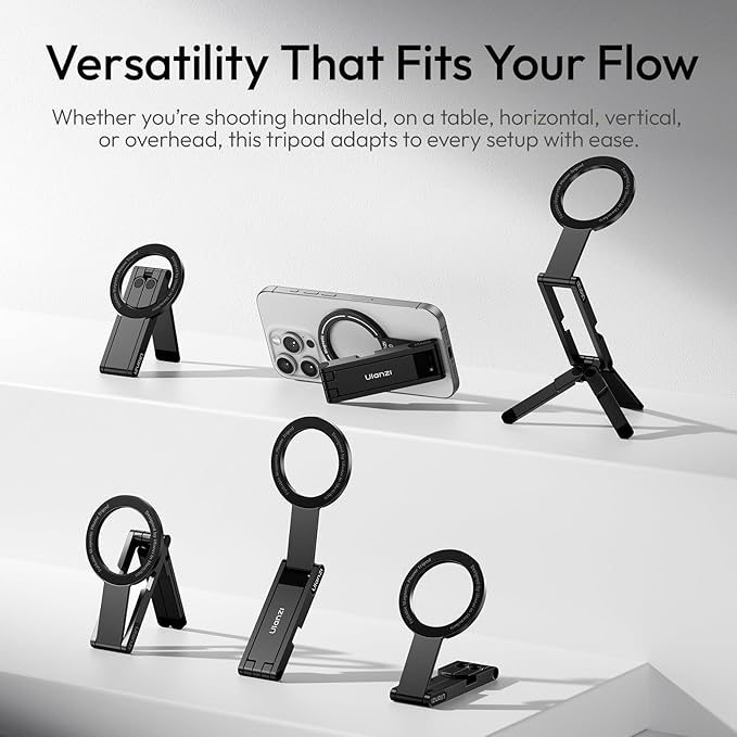 ULANZI MA60 Magnetic Phone Tripod Stand for iPhone - Aluminium Smartphone Mini Tripod Pocket Cell Phone Stand Strong Magnet Quick Mount Compatible with iPhone 16 15 14 13 12 Series, Black