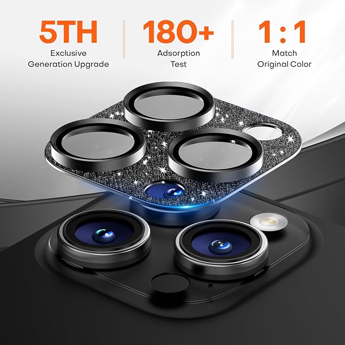 Camera Lens Protector for iPhone 16 Pro Max/16 Pro/15 Pro Max/15 Pro/14 Pro Max/14 Pro, Aluminum Alloy Sapphire Glass Camera Screen Cover, Case Friendly- Glitter Black