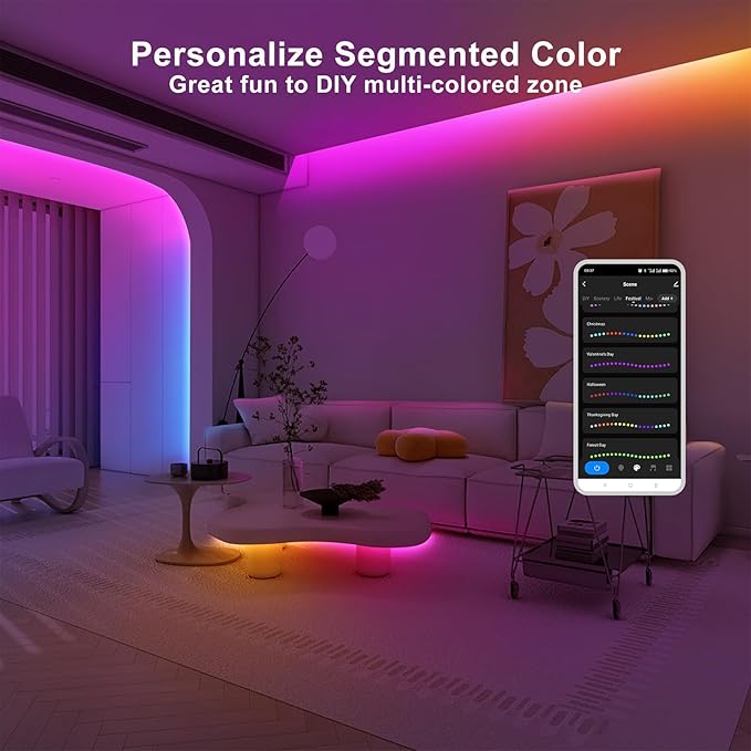 16.4ft Bluetooth RGB+IC COB Led Strip Light with App, Chasing COB Light Strip, Segmented Control, Music Sync, Color Changing Led Lights for Home Decor, Gaming, Cabinet, Desk