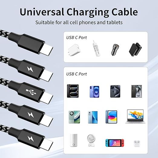 USB C Splitter Multi Charging Cable, Dual Type C Charger Cord,4 in 1 Multiple Nylon Braided Cable with 4 Type-C Connectors Compatible with iPhone 15 Pro Max/Samsung Galaxy/Tablets/Google-1Pack 5FT.