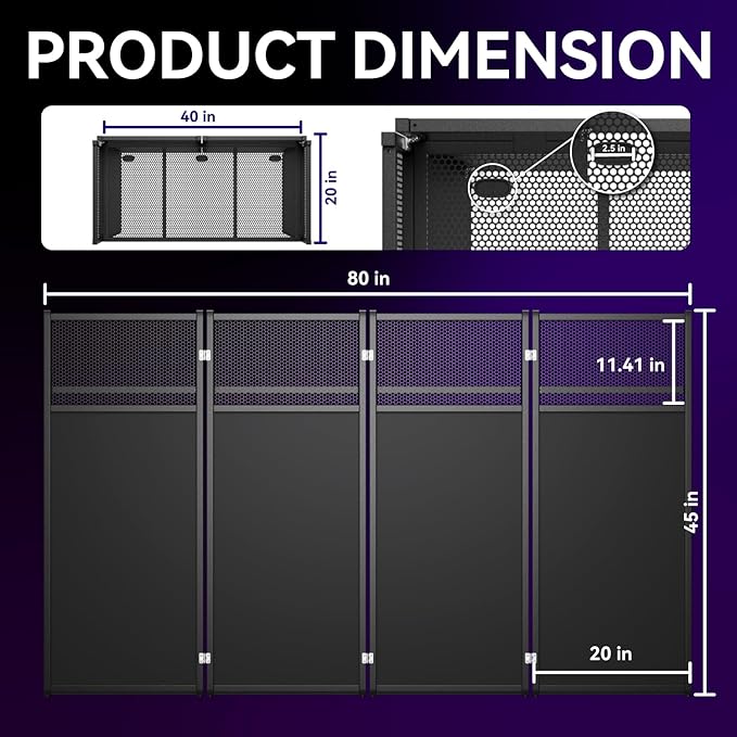 Portable DJ Booth Table,Foldable DJ Table Stand with White & Black Scrim,Adjustable DJ Facade Booth Station Metal Frame with Cable Hole for Private Events, Clubs, Bars (40x20 Double Deck)