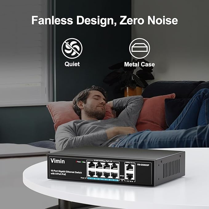 8 Port Gigabit PoE Switch with 2 Uplink Gigabit Ports, VIMIN 10 Port Unmanaged Ethernet PoE Switch with 120W Power, Support IEEE802.3af/at, VLAN, Metal Housing, Desktop or Wall-Mount, Plug & Play