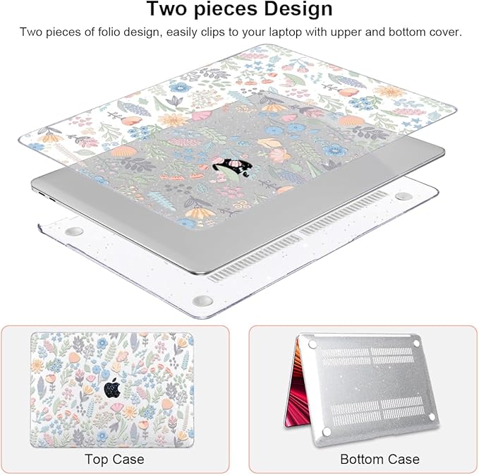 for MacBook Pro 13 inch Case 2022 2021 2020-2016 Release M2 M1 Chip A2338 A2251 A2289 A2159 A1989 A1706, Shiny Pattern Plastic Hard Shell Case Keyboard Cover Screen Film, Starry Sky Flowers
