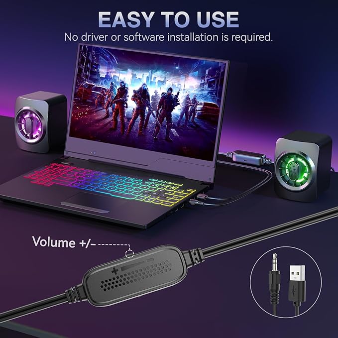 Computer Speakers,RGB PC Speakers, USB Powered 3.5mm Aux Speaker for Desktop, PC, Laptop, Tablet - Small Computer Speakers | Clear Sound & 7-Color Dynamic Lighting
