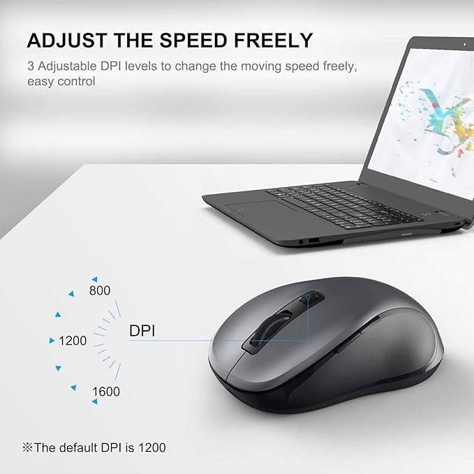 WisFox 2.4G Wireless Mouse for Laptop, Ergonomic Computer Mouse with USB Receiver and Type-C Adapter, 3 Adjustable Levels, 6 Button Cordless Mice for Windows Mac PC Notebook (Grey and Black)