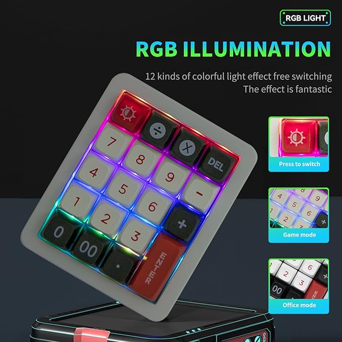 Adventurers K812 Wired Mechanical Numeric Keypad, 19-Key Hot-Swappable RGB Numpad, Macro Programmable, Detachable Type-C Cable, Game/Office Mode Switch – for PC/Laptop/Desktop (White)