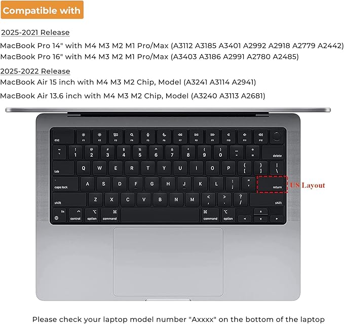 EooCoo Premium Keyboard Cover Skin Ultra Thin Protector Compatible with 2025-2021 MacBook Air 15" 13.6" M4 M3 M2 Chip, MacBook Pro 14" 16" M4 M3 M2 M1 Pro Max Chip, Clear