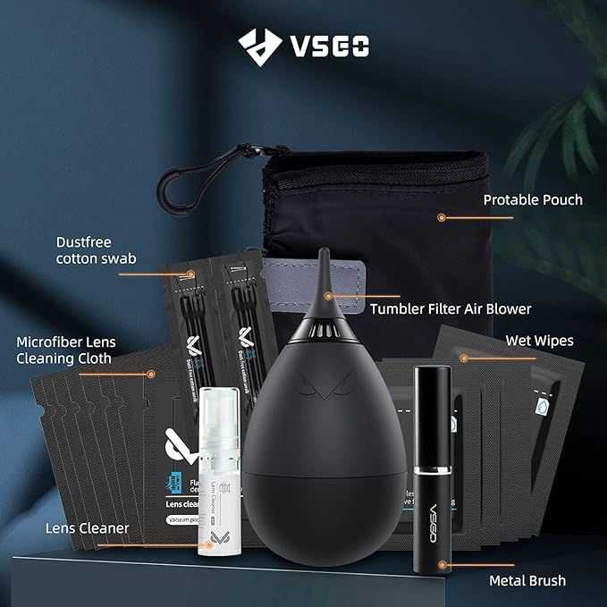 VSGO Professional Lens Cleaning Kit with Air Blower Folding Pouch Microfiber Lens Cloth Wet Wipes Lens Cleaner Metal Brush Cotton Swab Compatible for Optical Camera Lens Phone Laptop Cleaning(VS-A2E)
