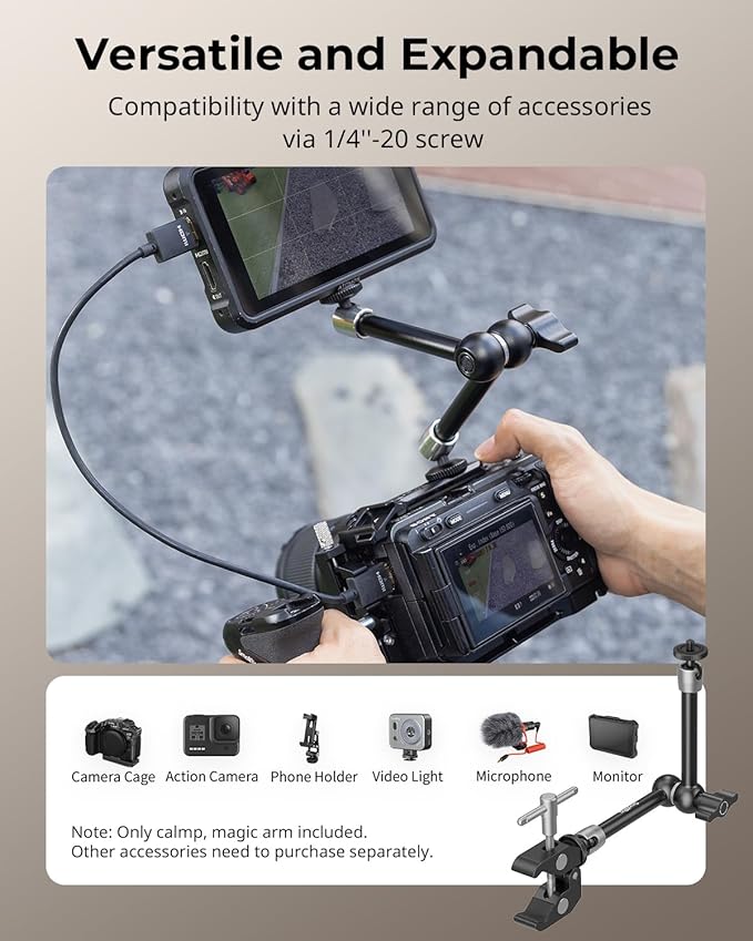 SMALLRIG Clamp w/ 1/4" and 3/8" Thread and 9.8 Inches Adjustable Friction Power Articulating Magic Arm with 1/4" Thread Screw for LCD Monitor/LED Lights - KBUM2732B